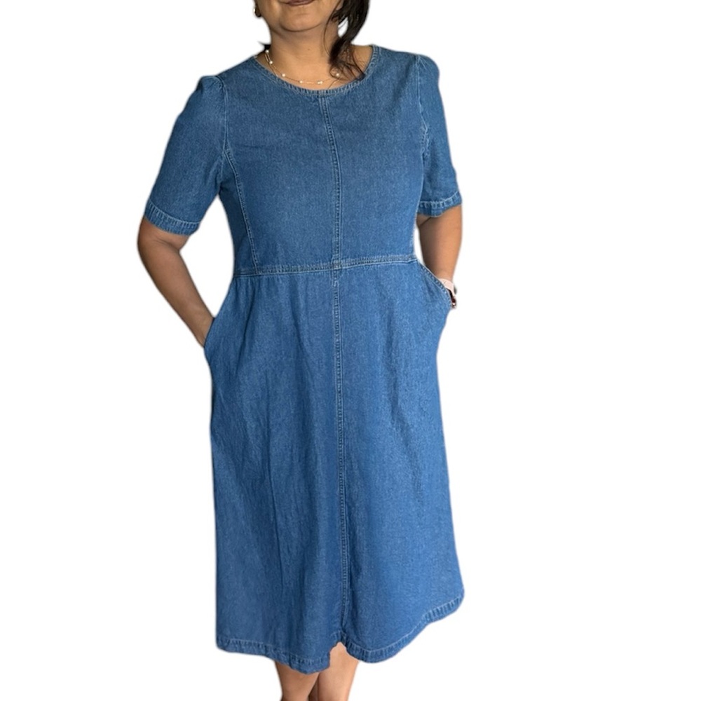 BREAL Blue Lightweight Denim Midi Dress Puff Sleeve Side Pockets Back Slit Large